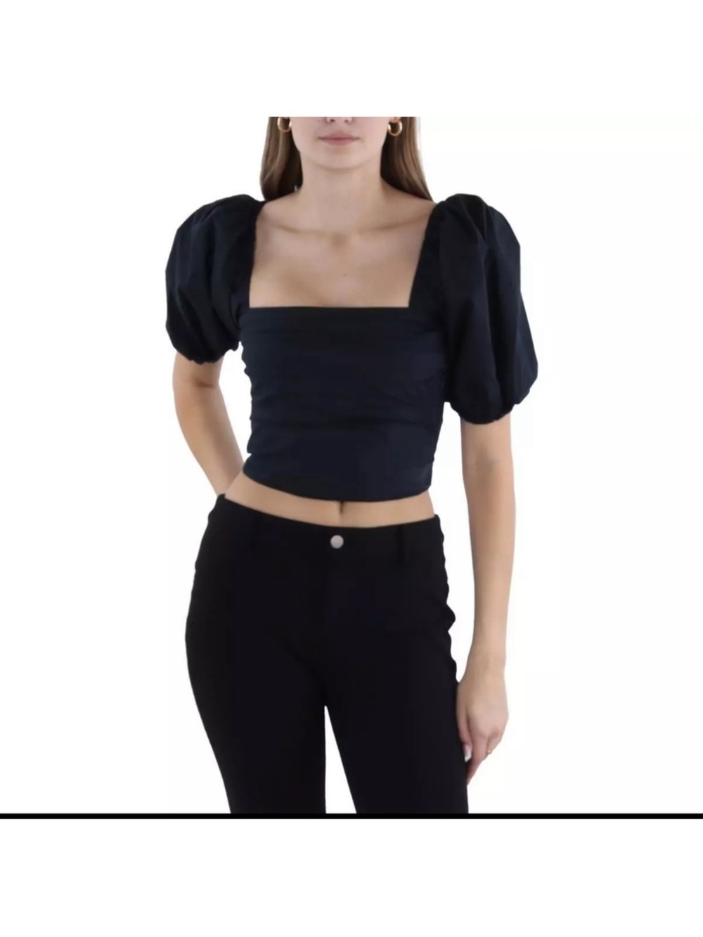 Abercrombie & Fitch Square Neck Ruched Puff Sleeve Top Black Size Small NWT